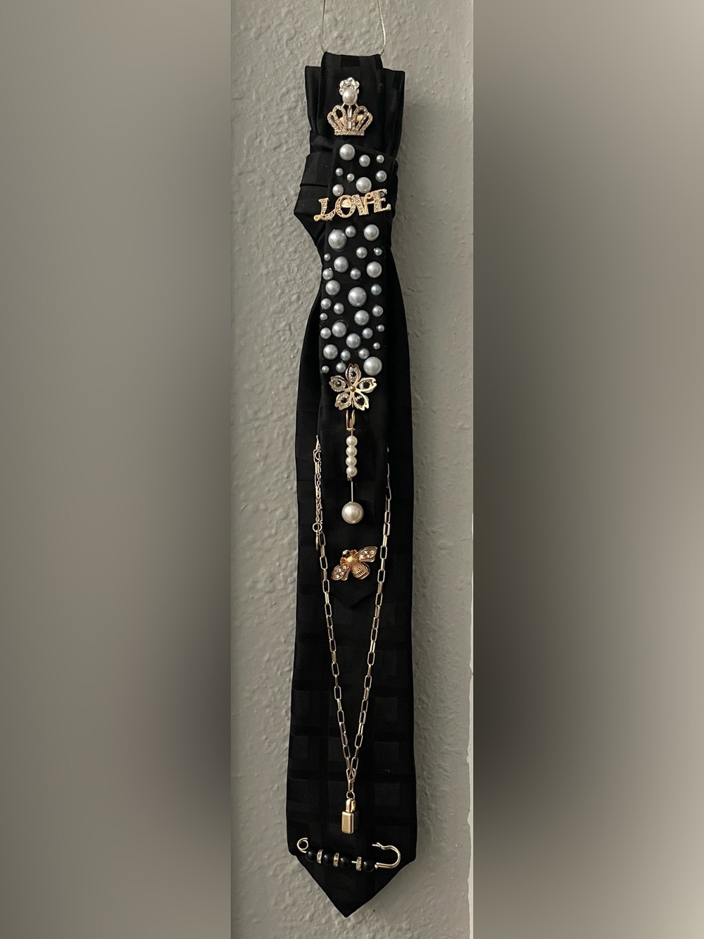 Embellished Black Silk Necklace Tie with Pearl & Gold Accents